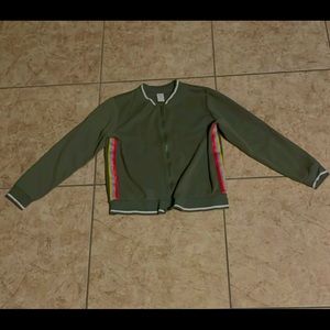 Olive green jacket with rainbow strips on the side🌈52% cotton 47% Polyester!